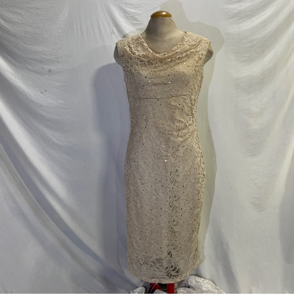 Liz Jordan Cream and Gold layered and lace sequence Midi Dress with Cowl Neck
